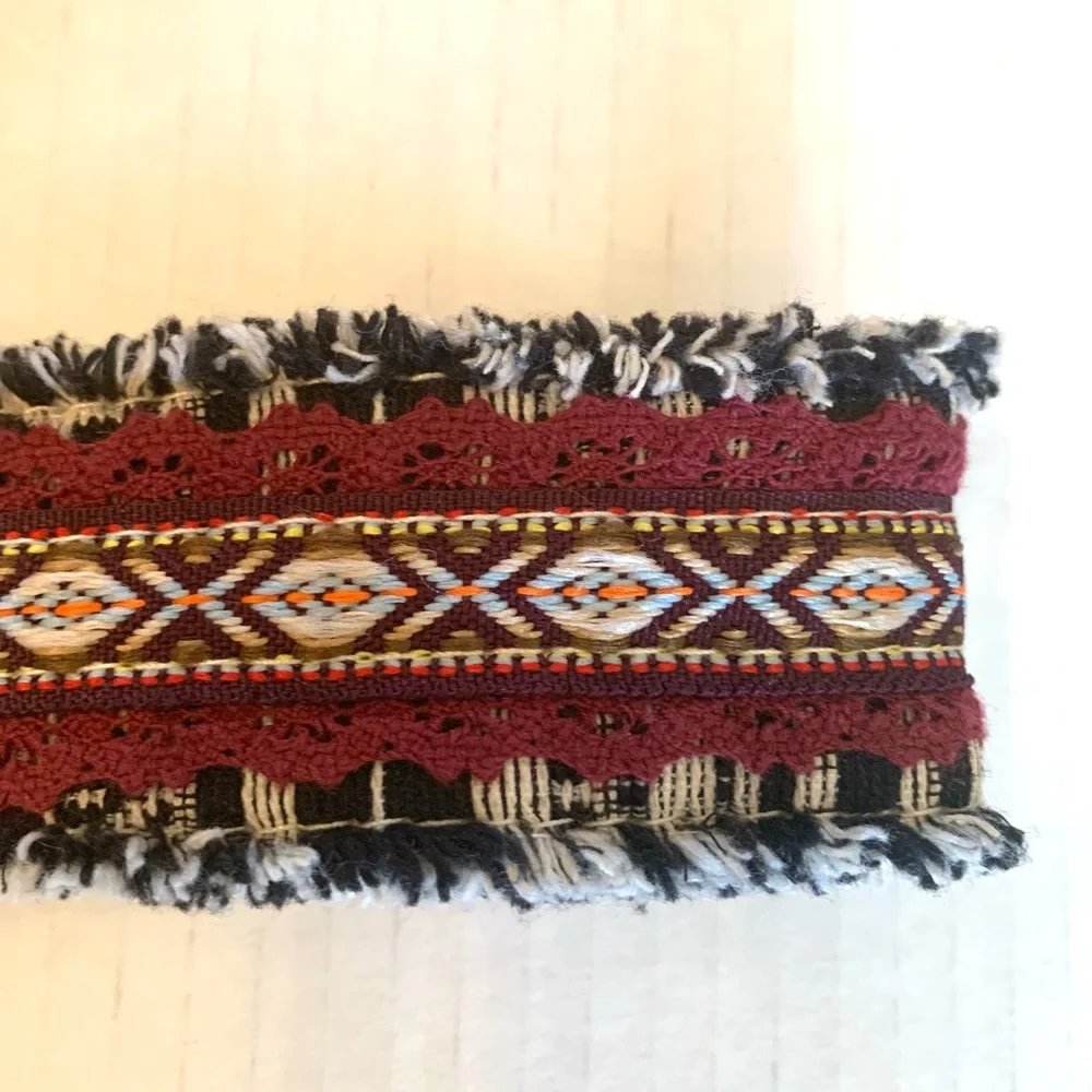 90s Aztec tribal print woven cloth fringe belt Bohemian Boho